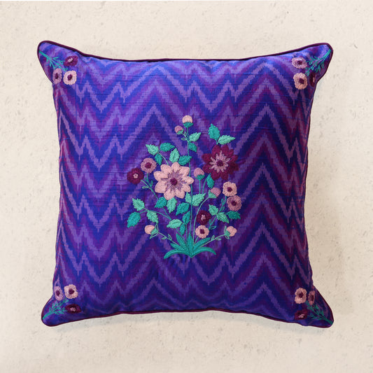 Embroidered Bouquet Ikat Silk Cushion