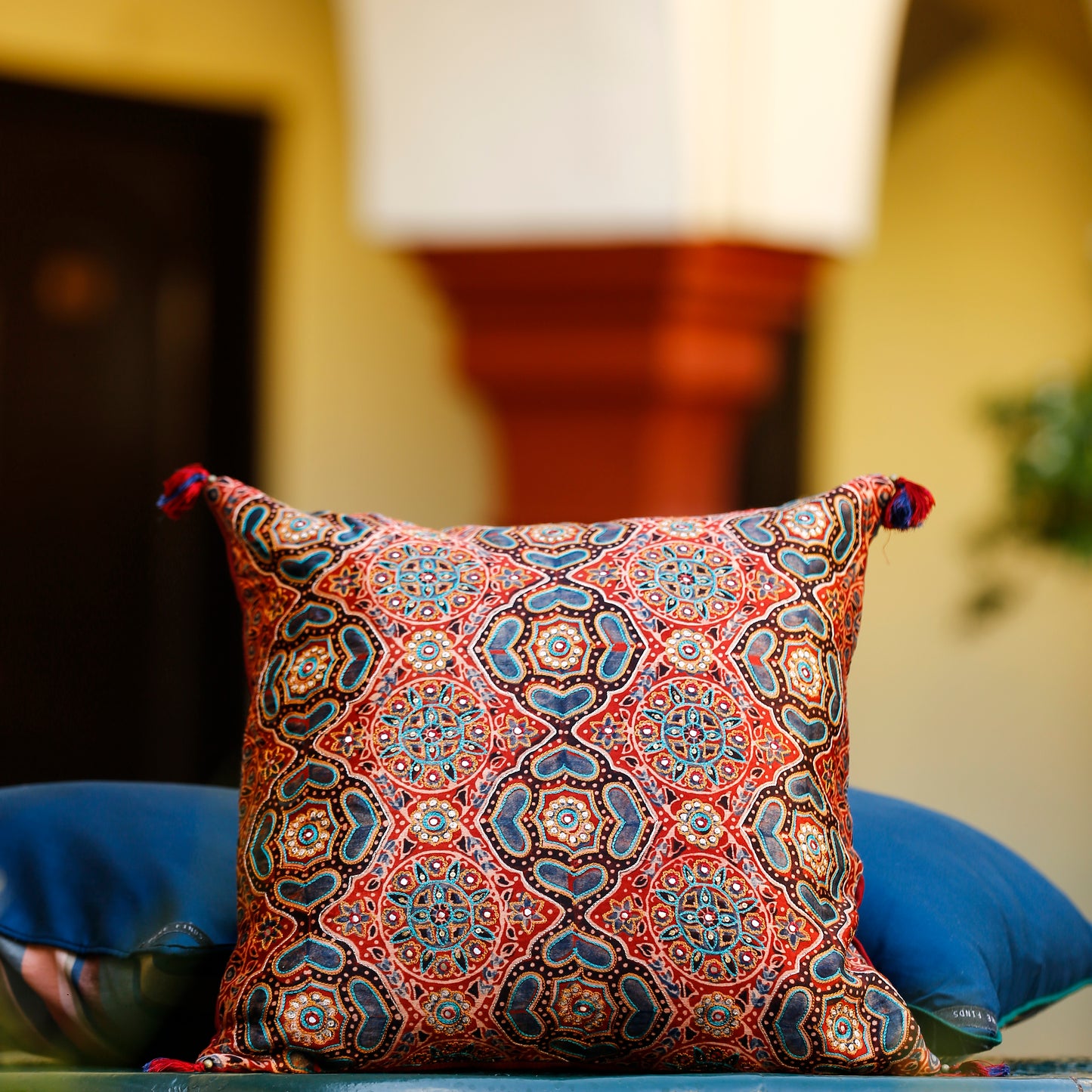 Ajrak Maroon Geo Jaal Cushion