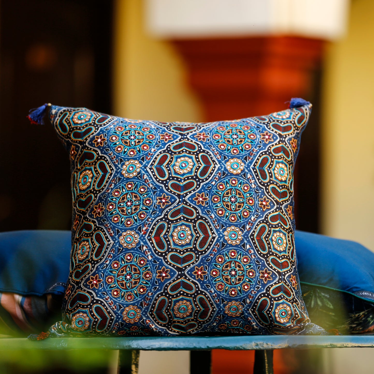 Ajrak Blue Geo Jaal Cushion