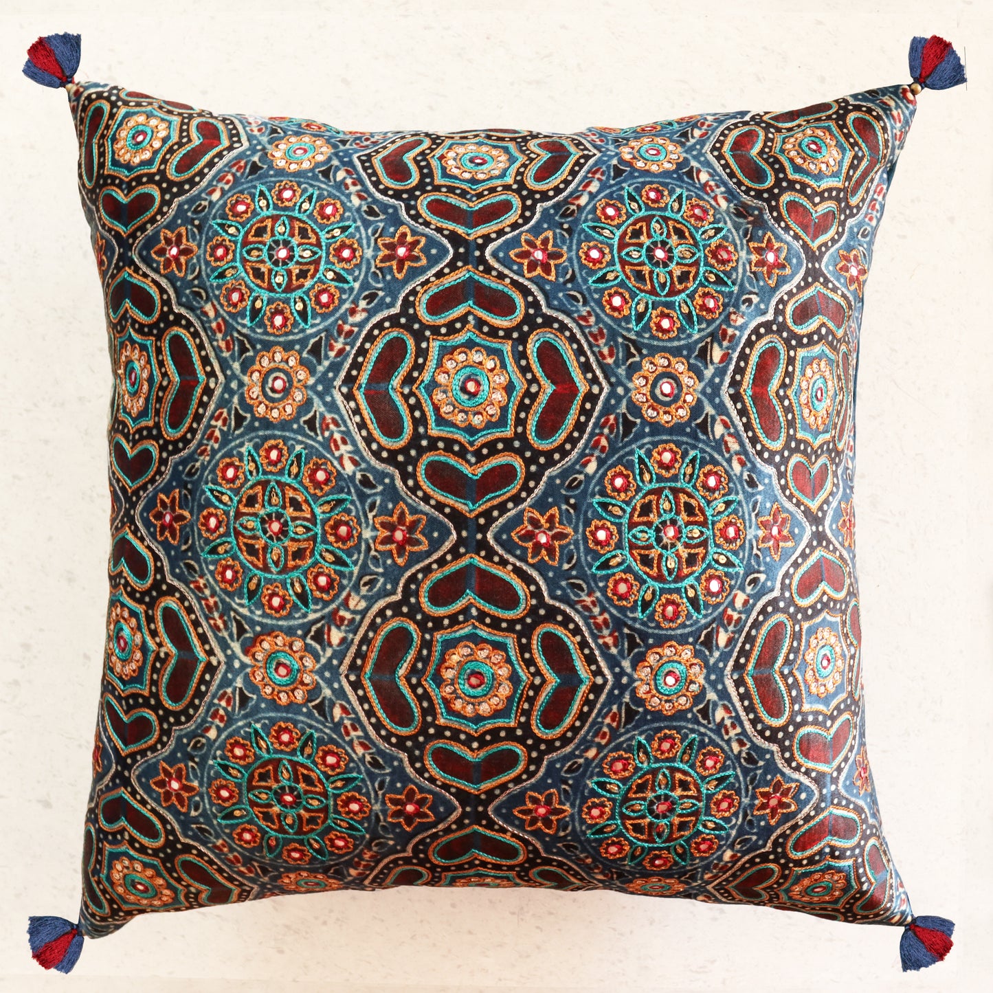 Ajrak Blue Geo Jaal Cushion