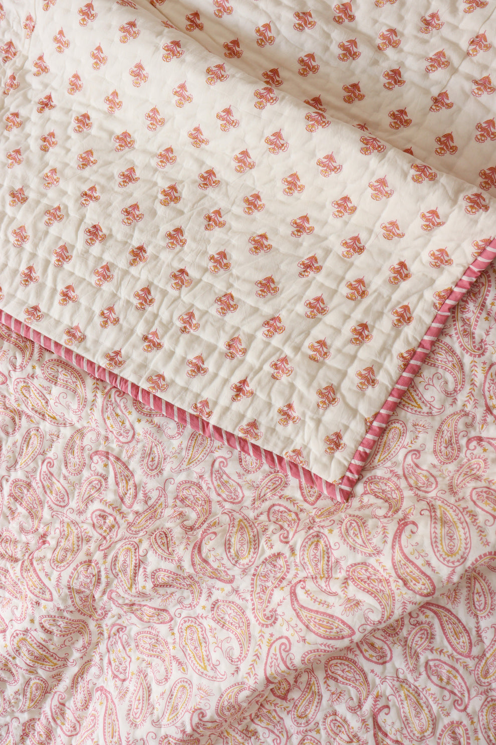 Hand Stitched Reversible Easy Quilt – Pink & Green Stripes main image 1