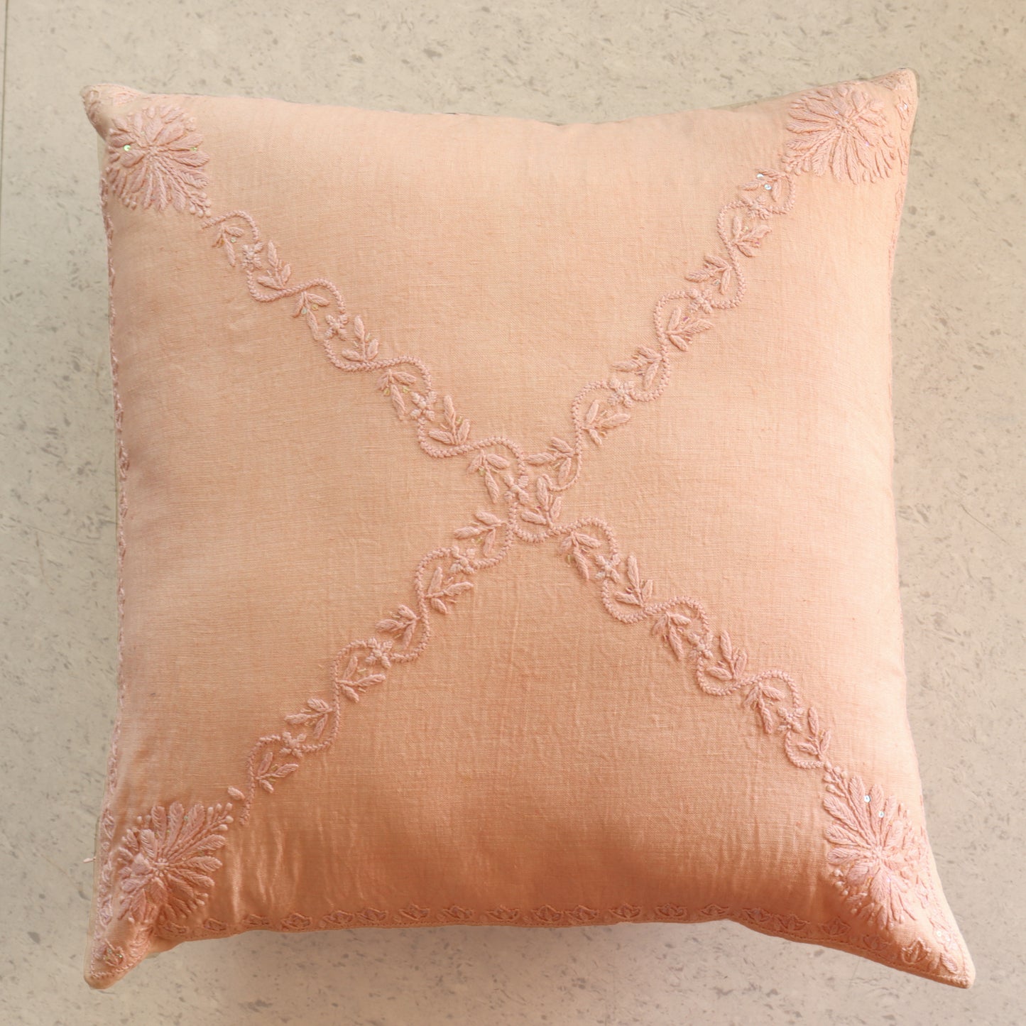 Peach Floral Butta Chikankari Cushion