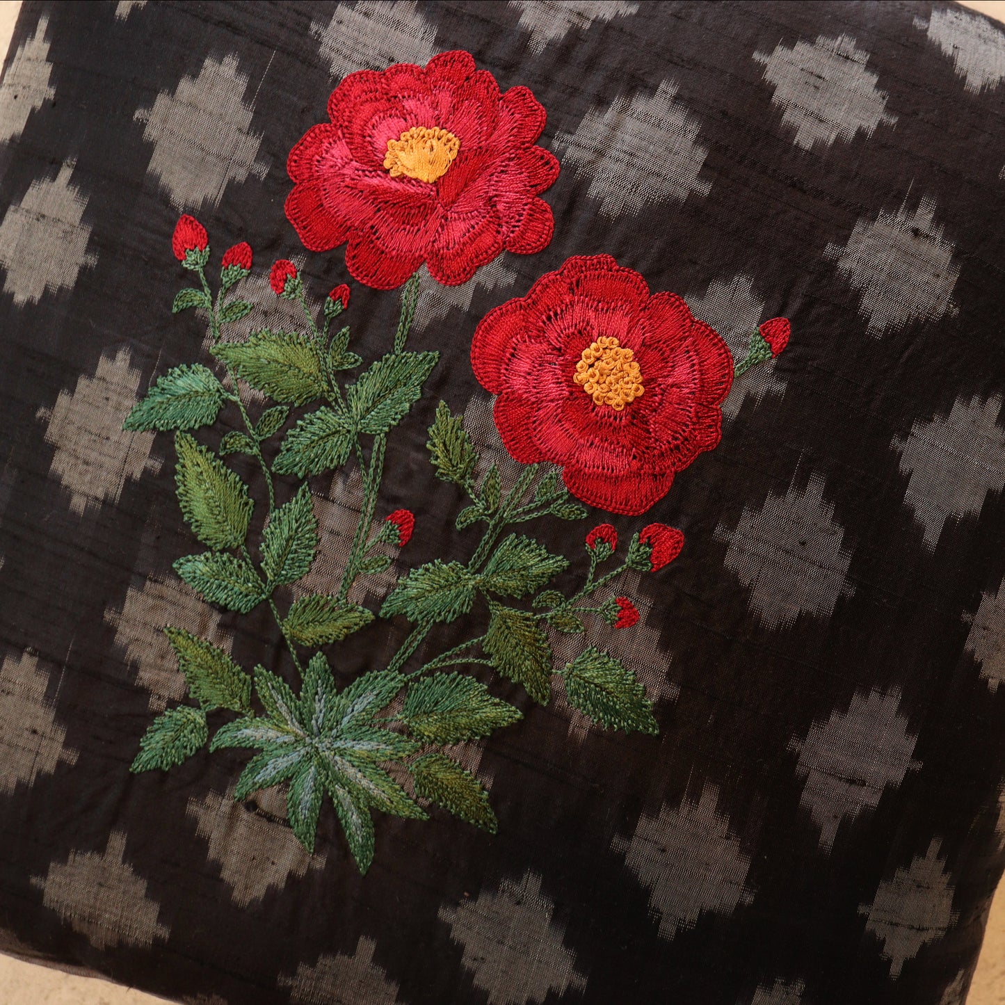 Embroidered Rose Ikat Silk Cushion