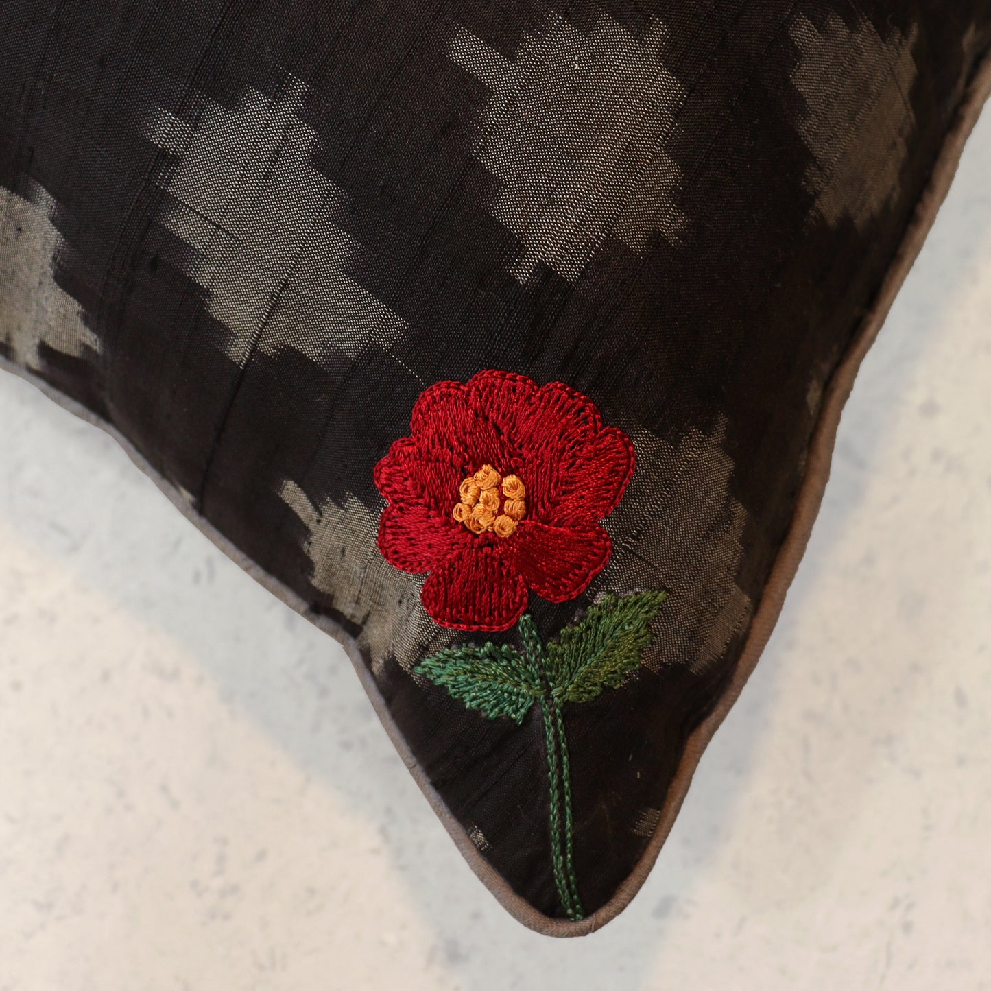 Embroidered Rose Ikat Silk Cushion