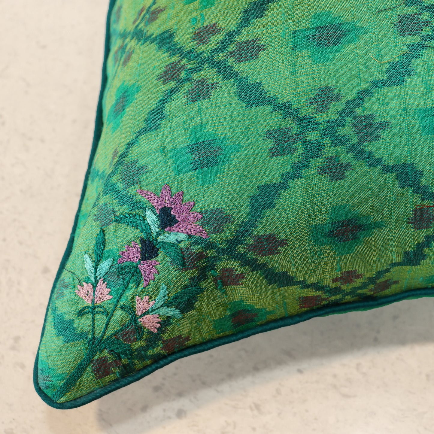 Embroidered Florals Ikat Silk Cushion