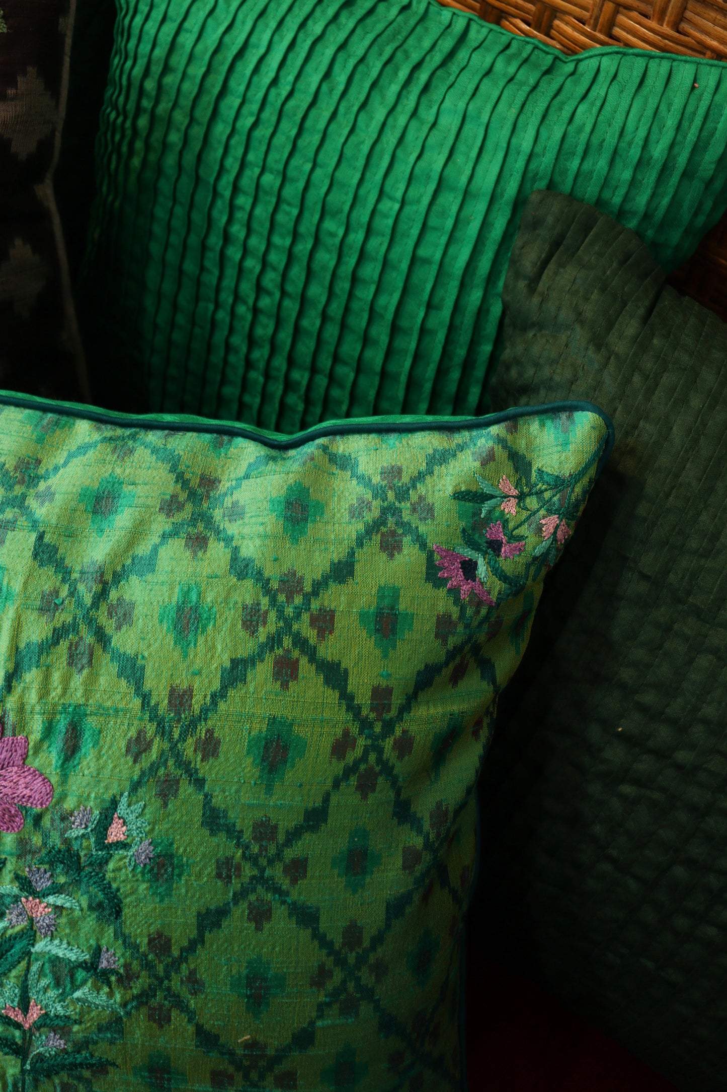 Embroidered Florals Ikat Silk Cushion